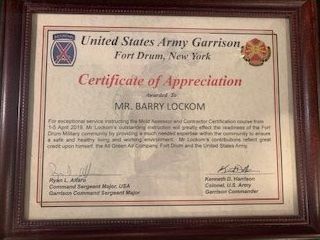 A certificate of appreciation from the United States Army Garrison Fort Drum, New York