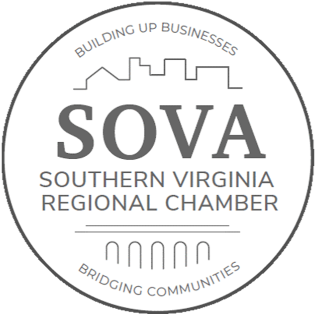 SOVA Southern Virginia Regional Chamber logo: gray circle with text and simple line drawings.
