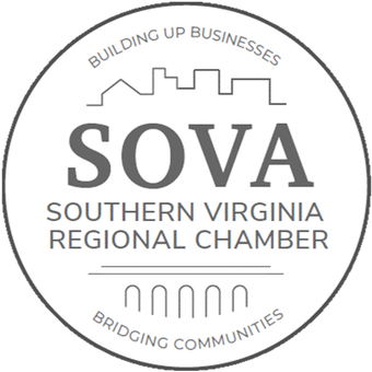 SOVA Southern Virginia Regional Chamber logo: gray circle with text and simple line drawings.