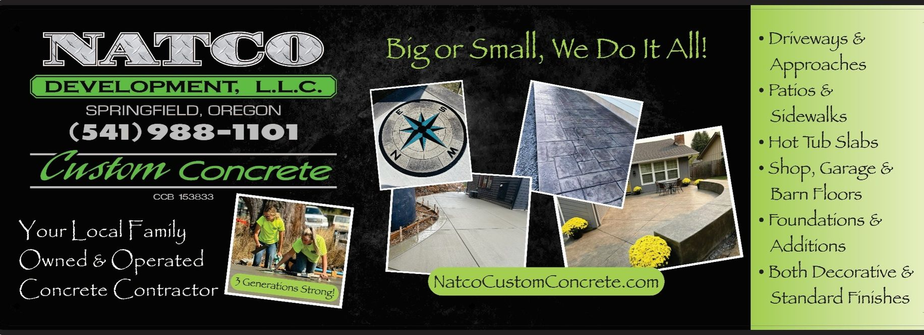 Advertisement for NATCO Development LLC, a concrete contractor. Includes images of concrete work and a list of services.