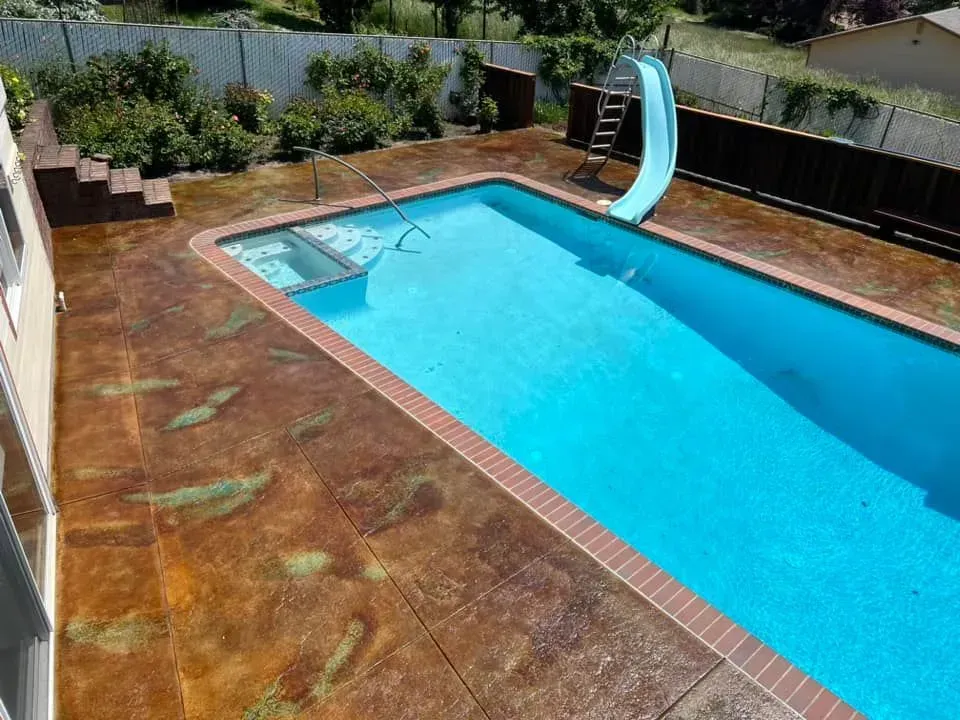 Swimming pool with a blue slide, surrounded by a concrete patio with brick edging.