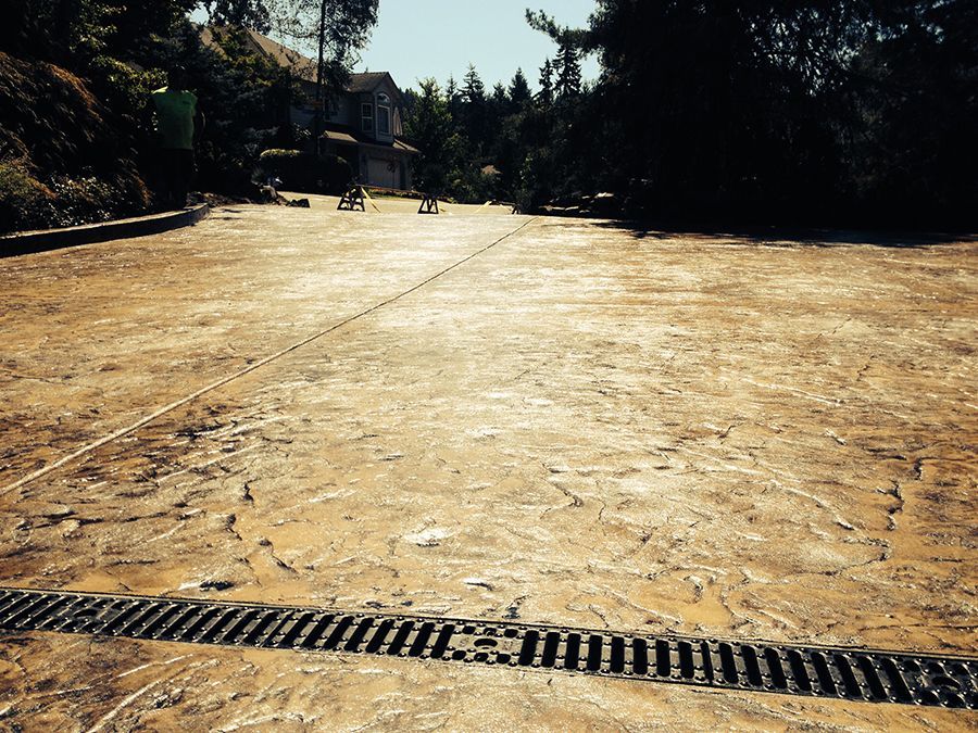 Concrete area with a drain, leading to a tree-lined area and a building in the background. Sunny day.