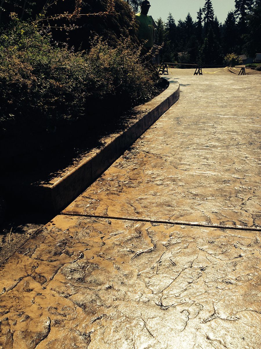 Stamped concrete pathway curving through a garden with greenery and trees.