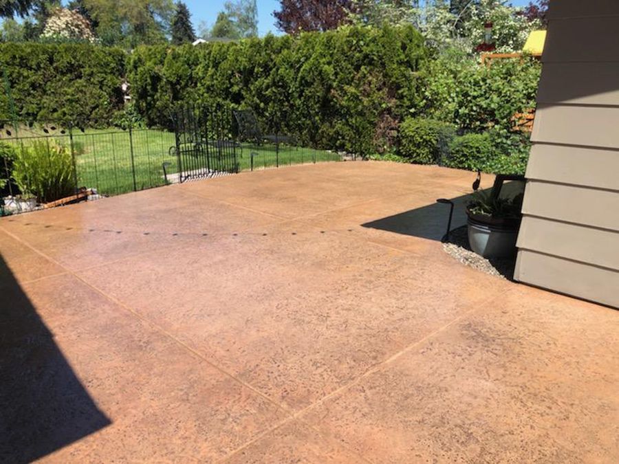 Brown concrete patio in a backyard setting, bordered by green bushes and grass. Sunny day.