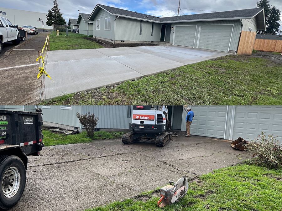 Top: New concrete driveway. Bottom: Removing old driveway with a Bobcat.