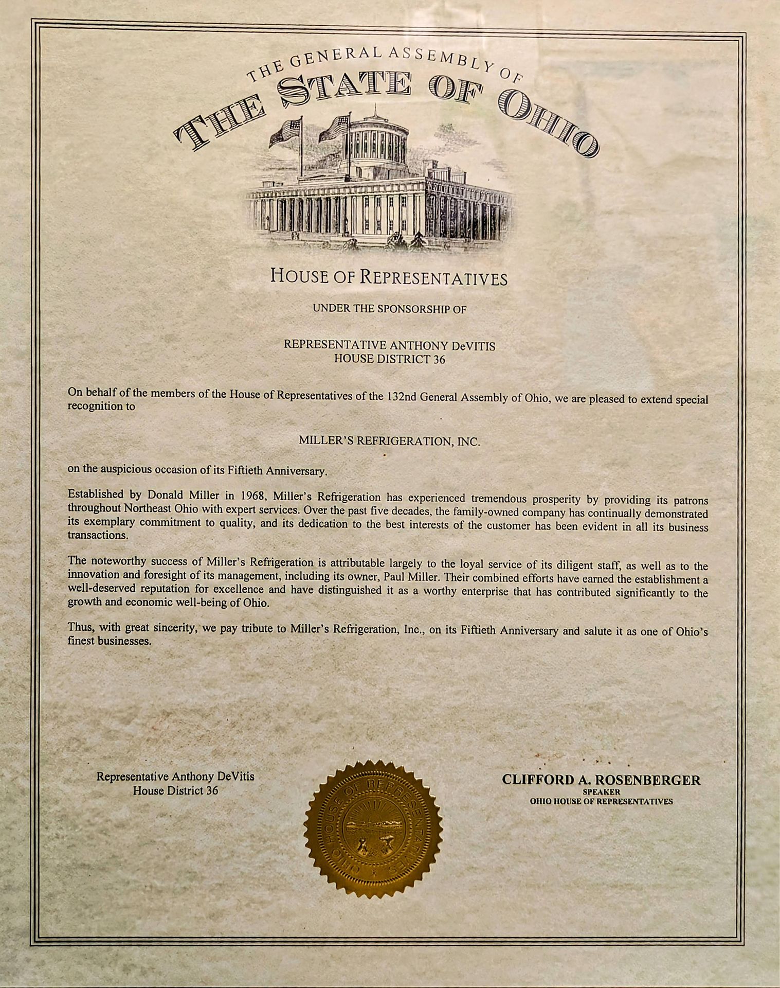 A certificate from the state of ohio with a gold seal