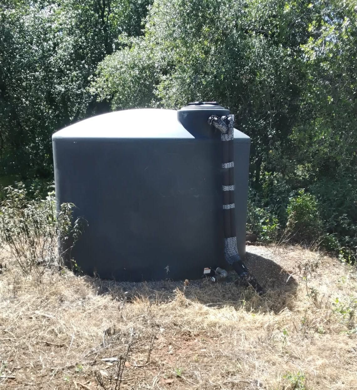 Large black cylindrical water tank with a white top in a grassy wooded area