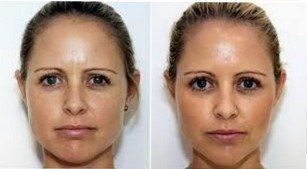 Side-by-side portrait: neutral face before and after makeup, showing enhanced eye and lip makeup.