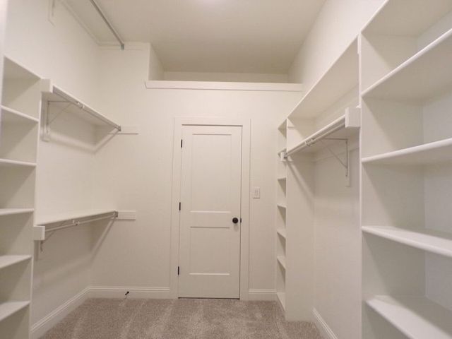 Empty white walk-in closet with carpeted floor, built-in shelving, clothing rods, and a closed center door.