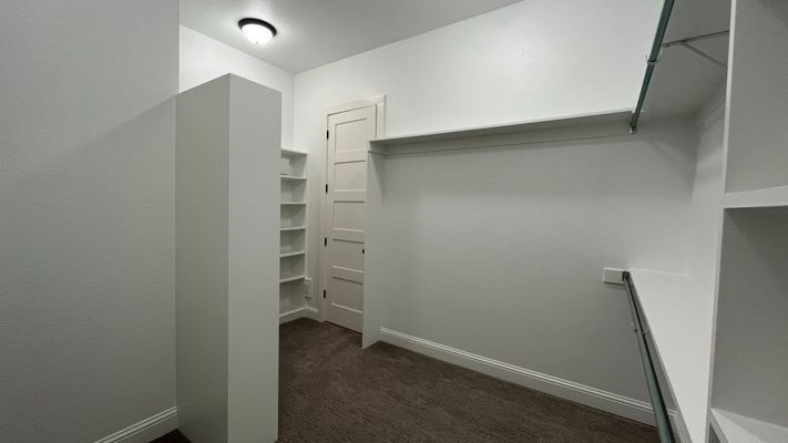 An empty walk-in closet with white walls, white shelving units, a closed white door, and brown carpet.