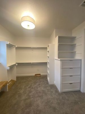 A walk-in closet with white shelving, a four-drawer dresser, and gray carpeting under a ceiling light.