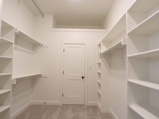 A walk-in closet featuring white shelves, hanging rods, and a closed white door, set against plain white walls and gray carpet.
