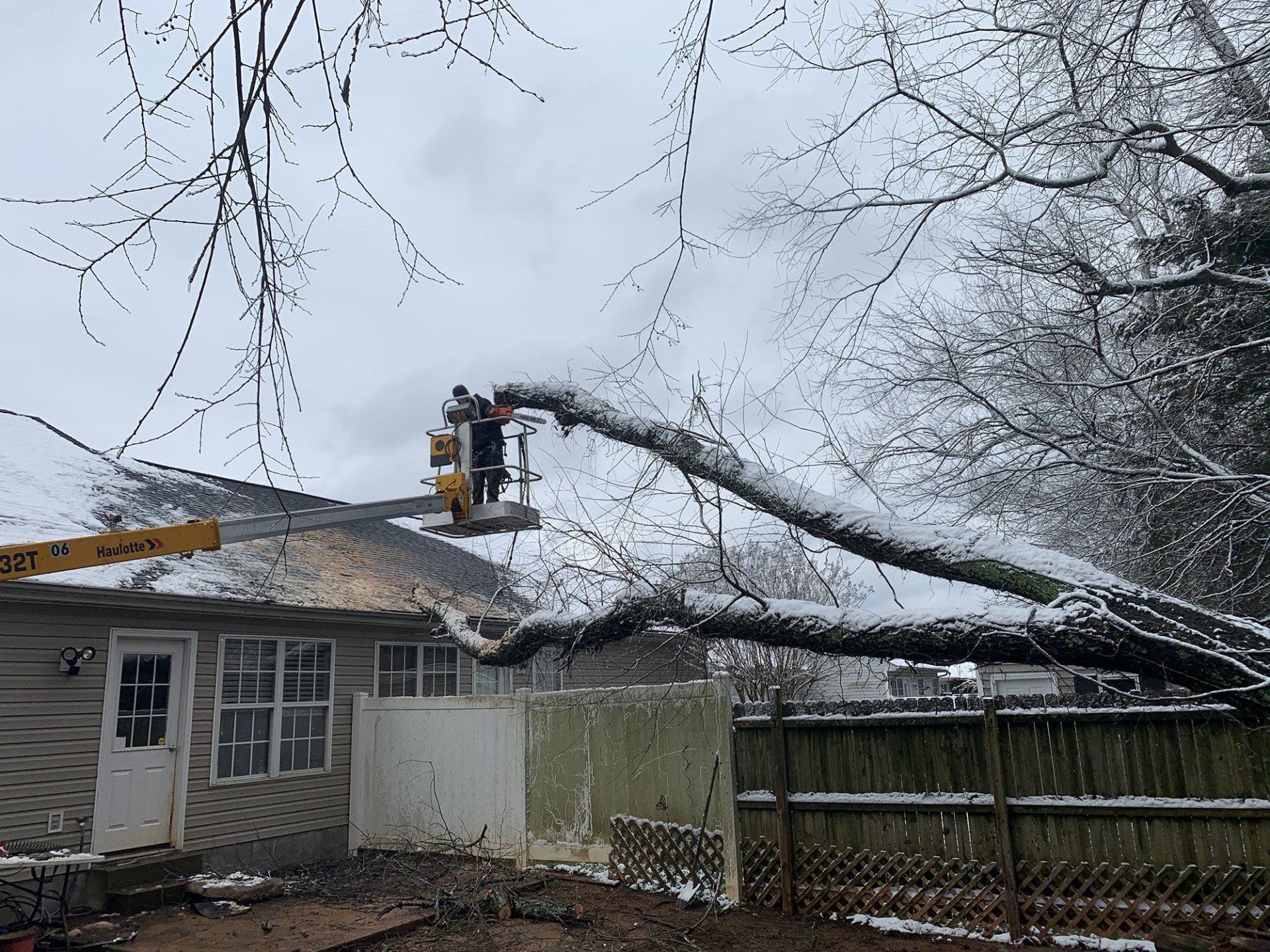 A man is cutting a tree on the roof of a house.