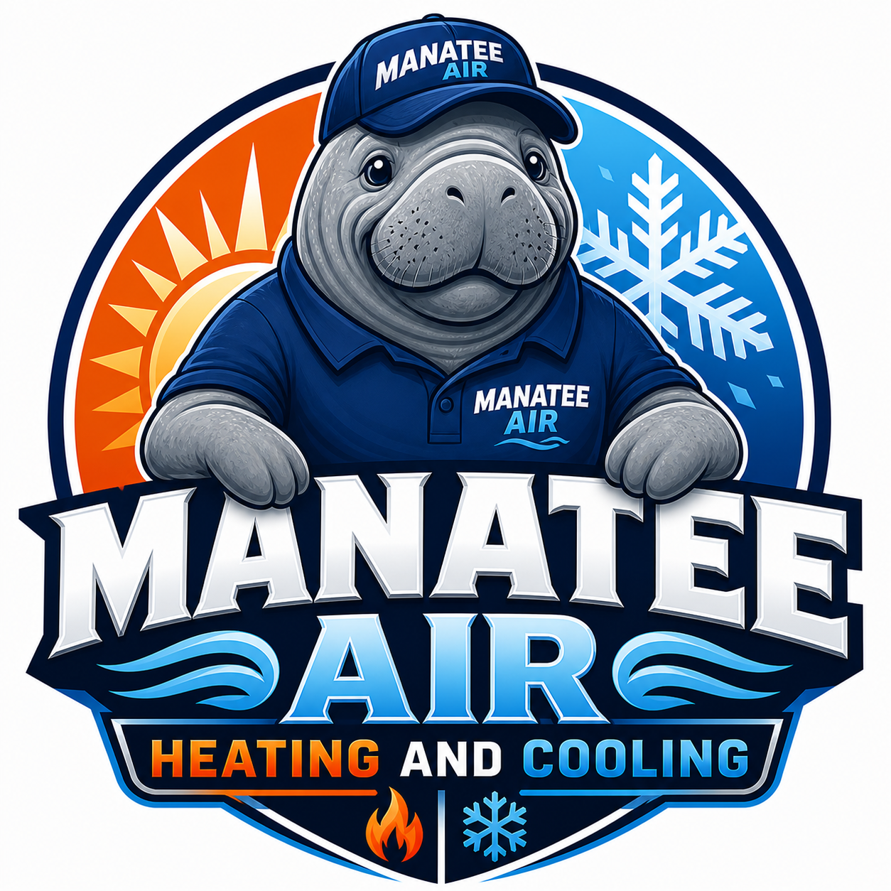 Manatee Air HVAC logo with a smiling manatee mascot in blue cap and shirt, heating and cooling emblem