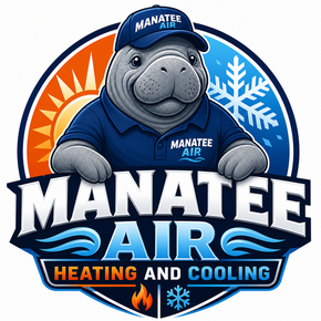 Manatee Air HVAC logo with a smiling manatee mascot in blue cap and shirt, heating and cooling emblem