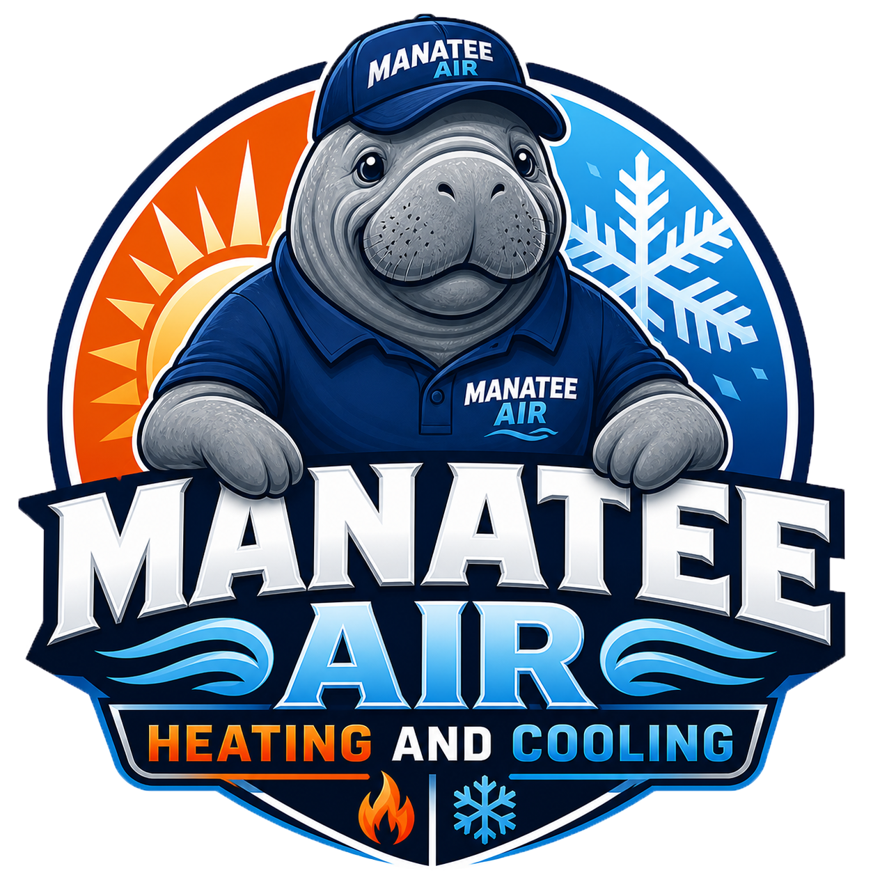 Manatee Air logo with smiling manatee mascot and bold text, blue, orange, and white heating and cooling design
