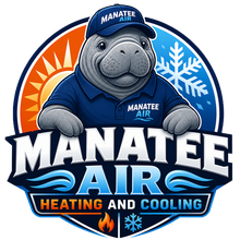 Manatee Air logo with smiling manatee mascot and bold text, blue, orange, and white heating and cooling design