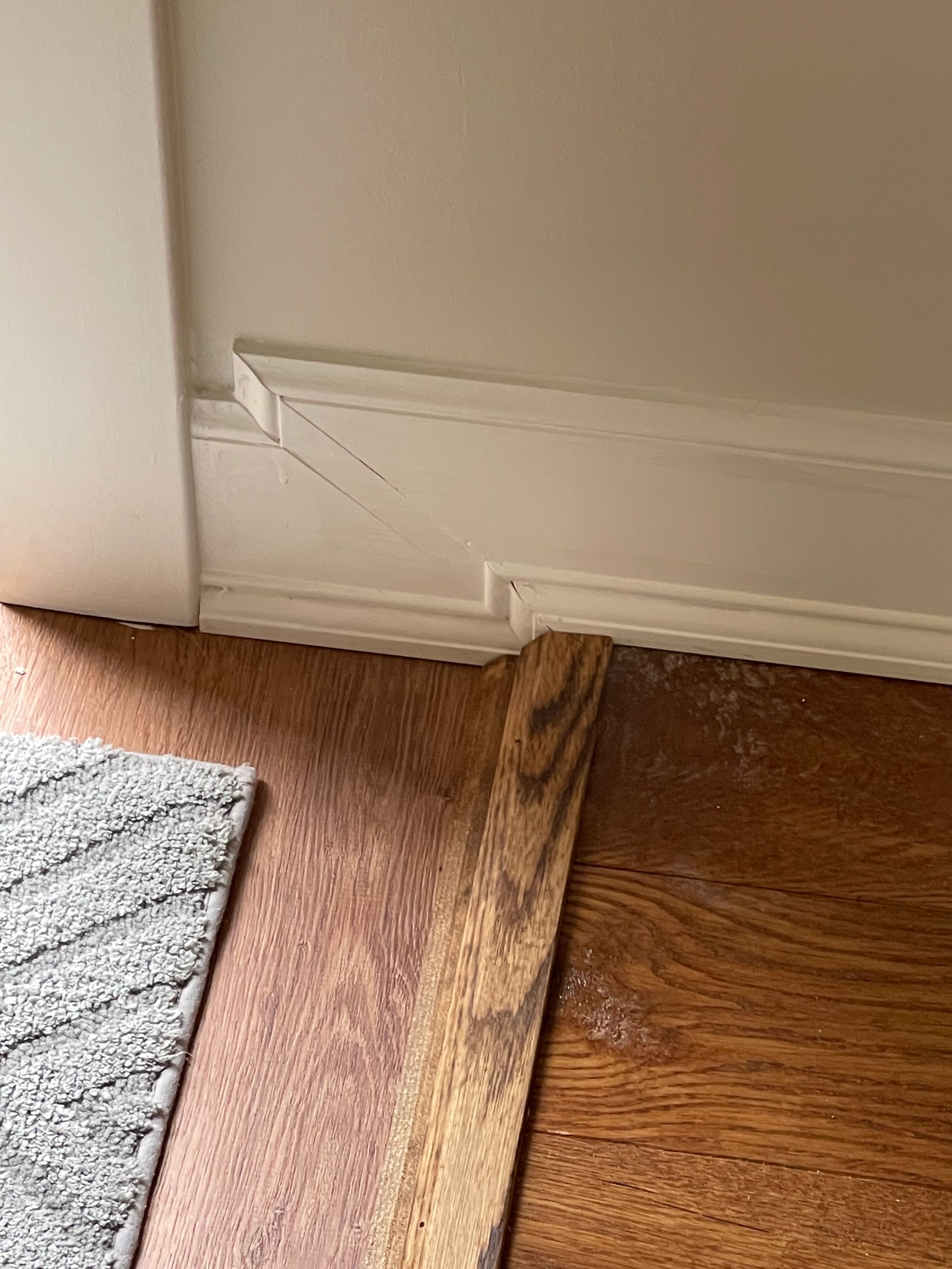 A piece of wood is sitting on a wooden floor next to a rug.