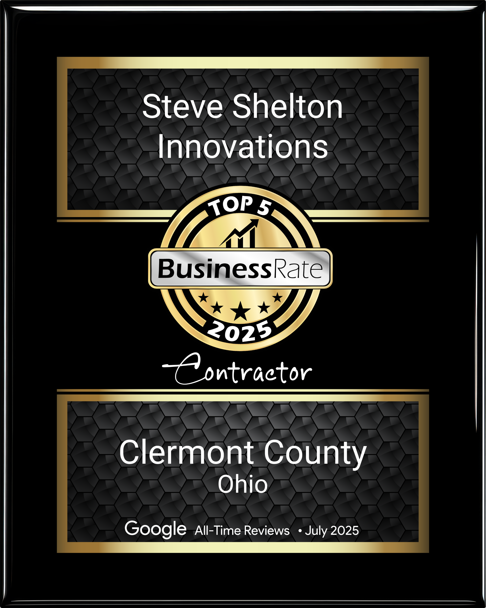 Award plaque for Steve Shelton Innovations, Top 5 Contractor in Clermont County, Ohio, 2025.