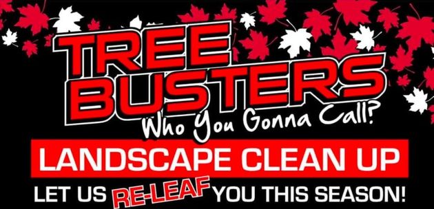 Tree Busters landscaping clean-up ad with red, white, and black text on a black background.