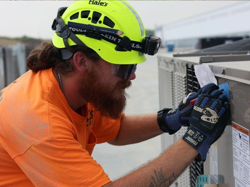 A person wearing a neon yellow hard hat and orange shirt inspects a metal HVAC unit, taking notes on a piece of paper.