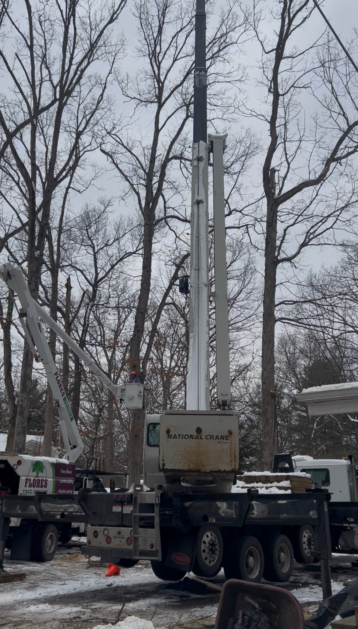 A crane truck with an extended boom parked in a snowy, wooded area, with another utility truck visible nearby.