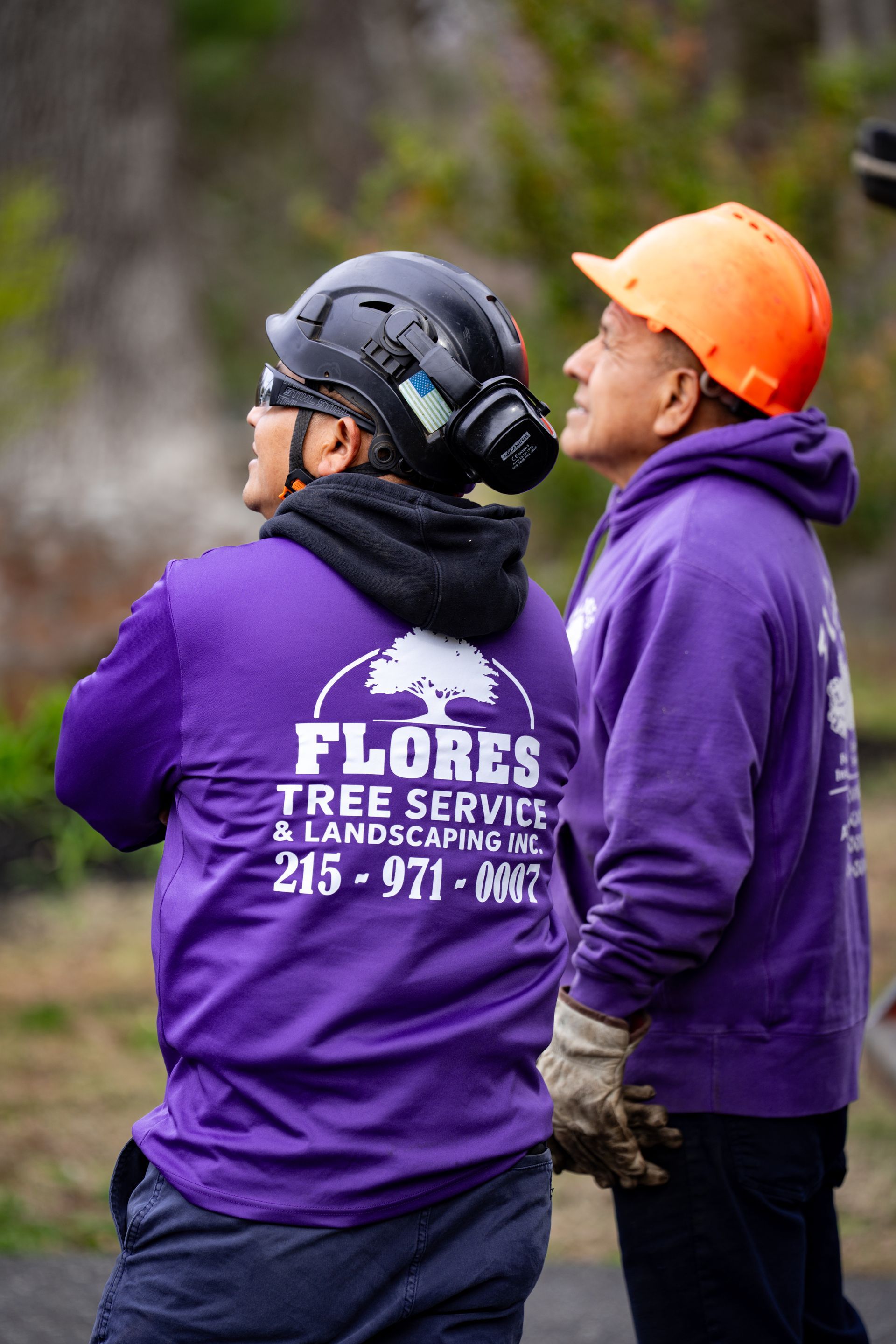 Two tree service workers in purple shirts and safety helmets standing outdoors, one in orange hard hat.