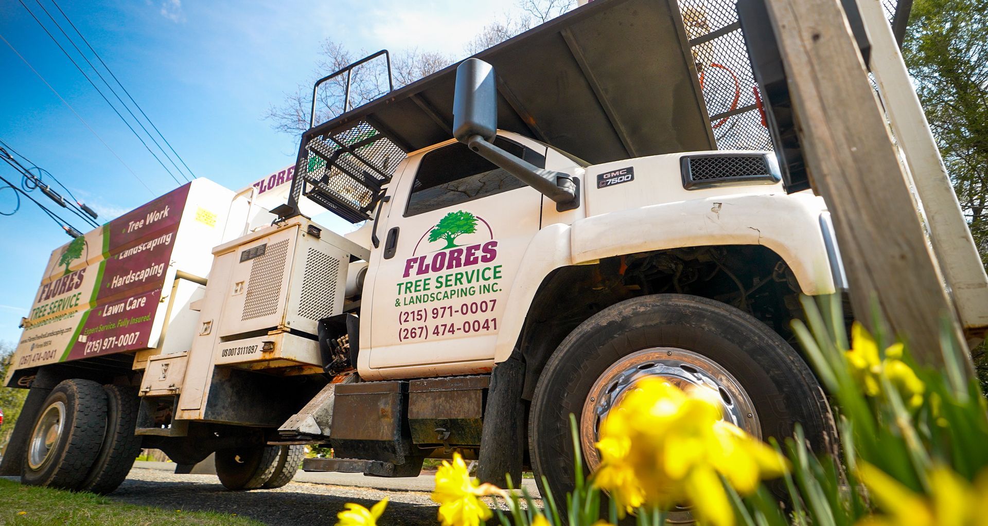 White floral-design truck parked by a building, viewed from a low angle with yellow flowers in the foreground