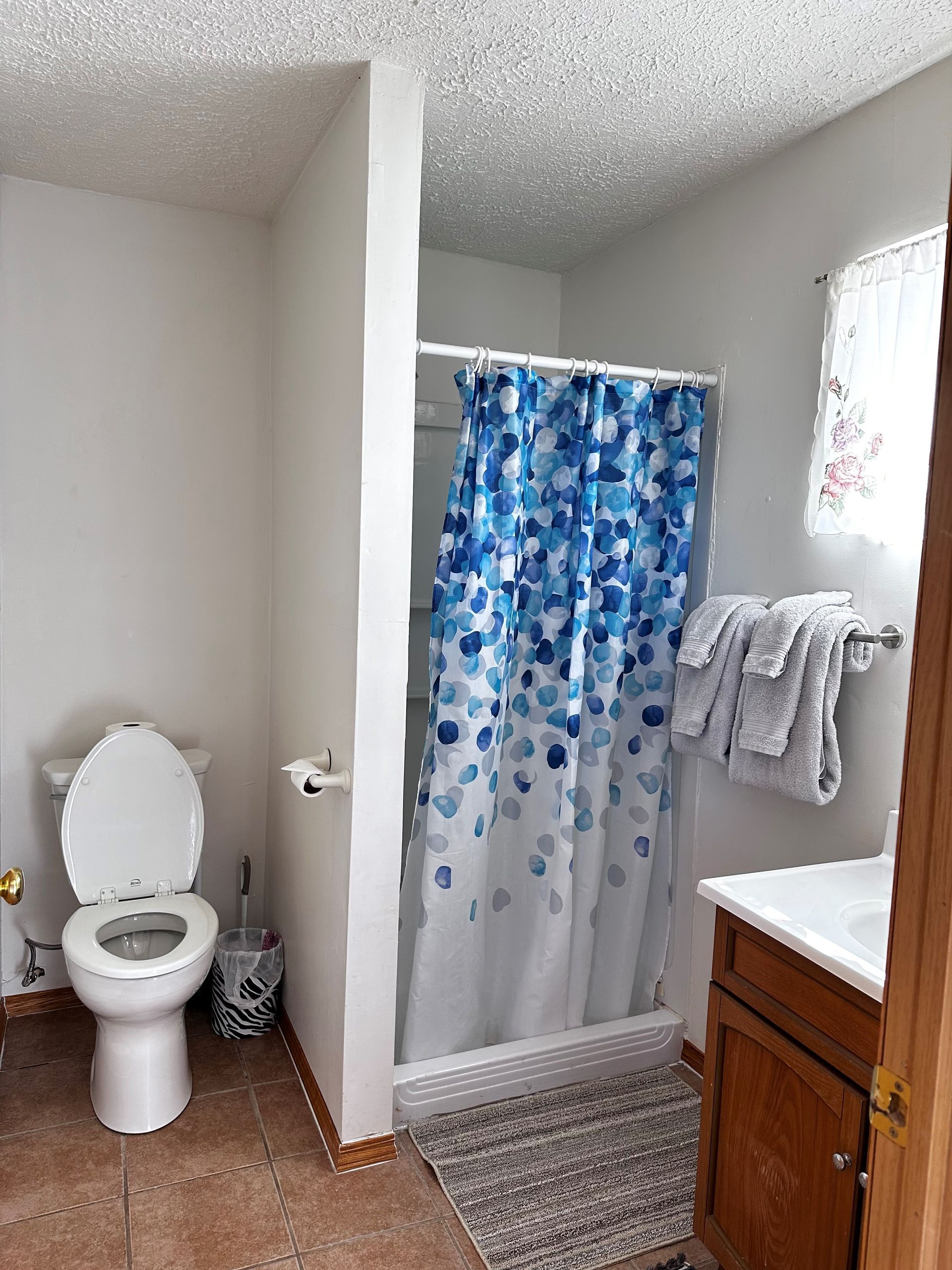 A bathroom with a toilet , sink , shower and blue shower curtain