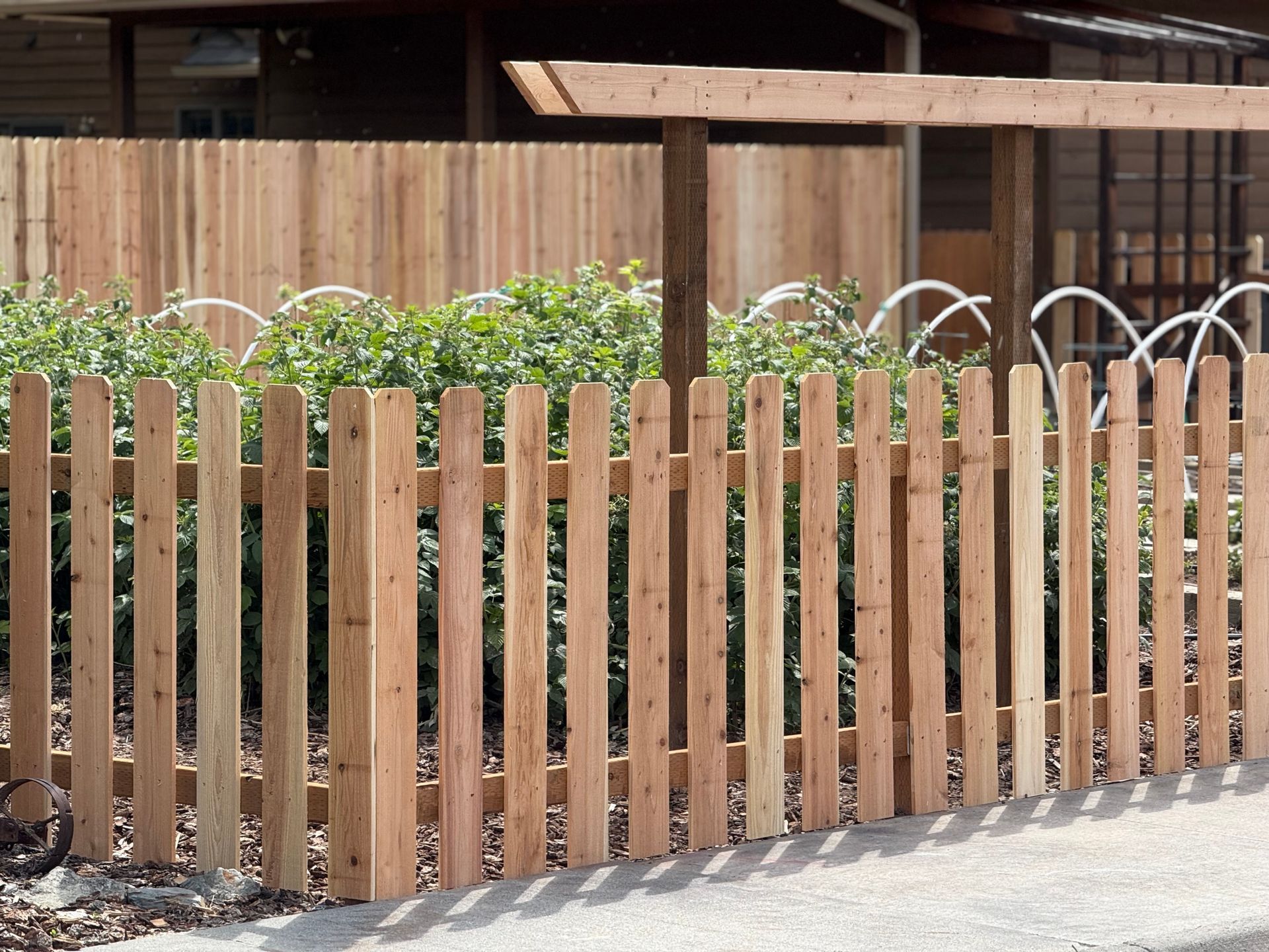 Wooden picket fence in front of a yard with greenery and a brown fence in the background.