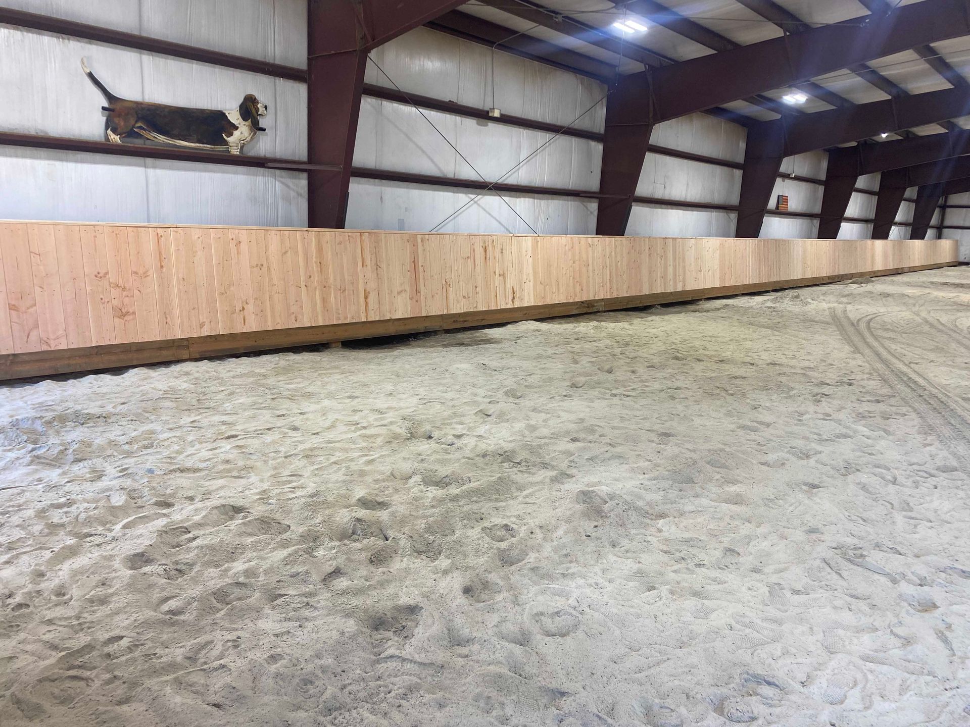 A Basset Hound jumps over a wooden barrier in an indoor arena.