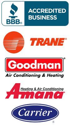 BBB accredited business | Trane Logo | Goodman Air Conditioning & Heating logo | Heating & Air Conditioning Amana Logo | Carrier logo