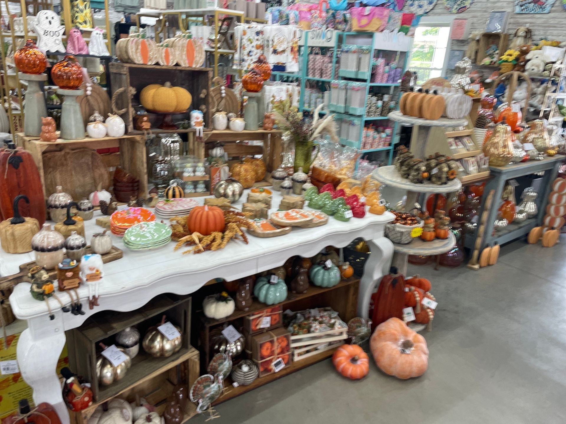 A store display of autumn decor with pumpkins, in various colors, and other fall-themed items.