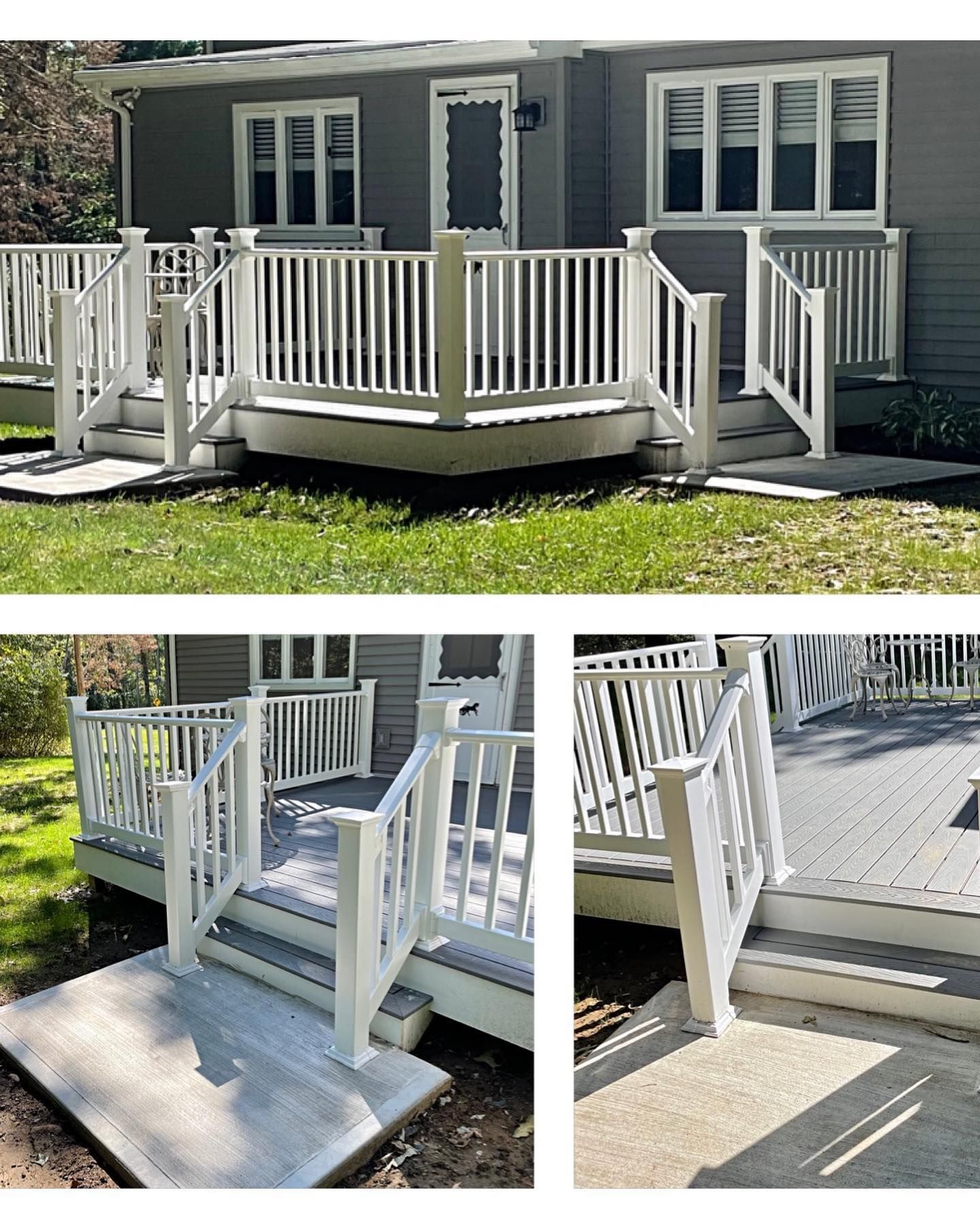 White deck with white railings and gray house.