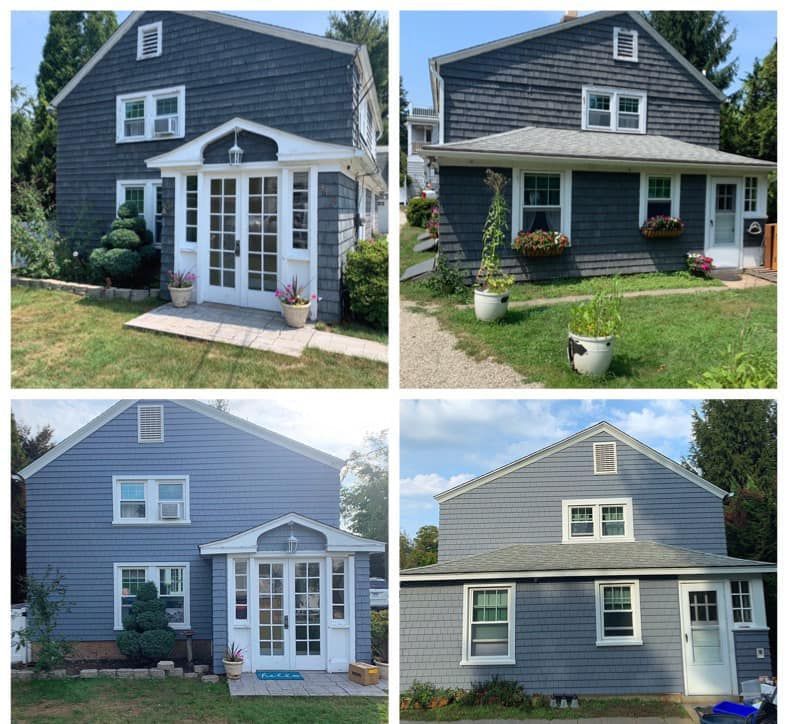 Four views of a two-story blue house with white trim.