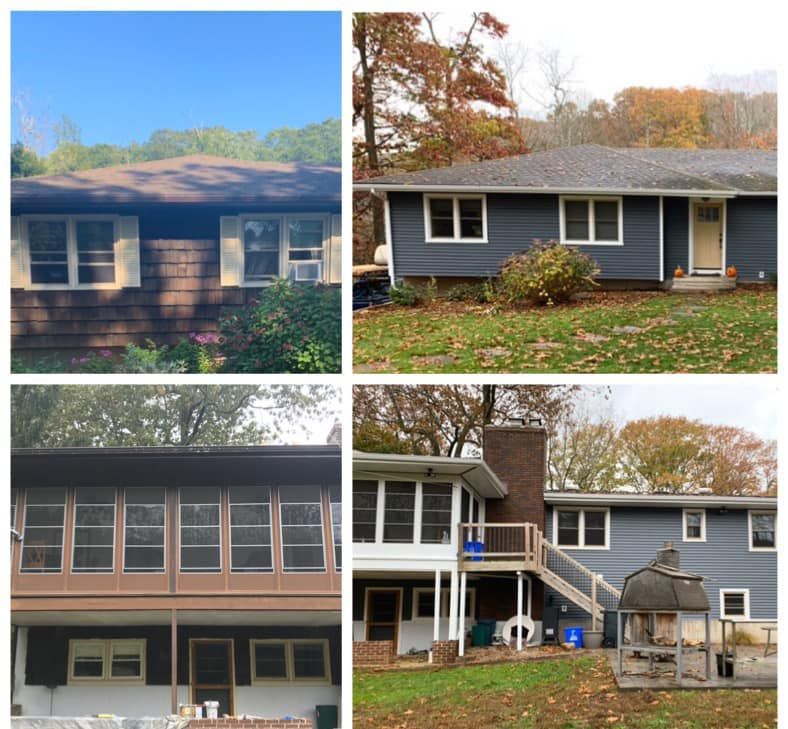 Four views of a home before and after a renovation; blue siding, white trim, fall foliage.