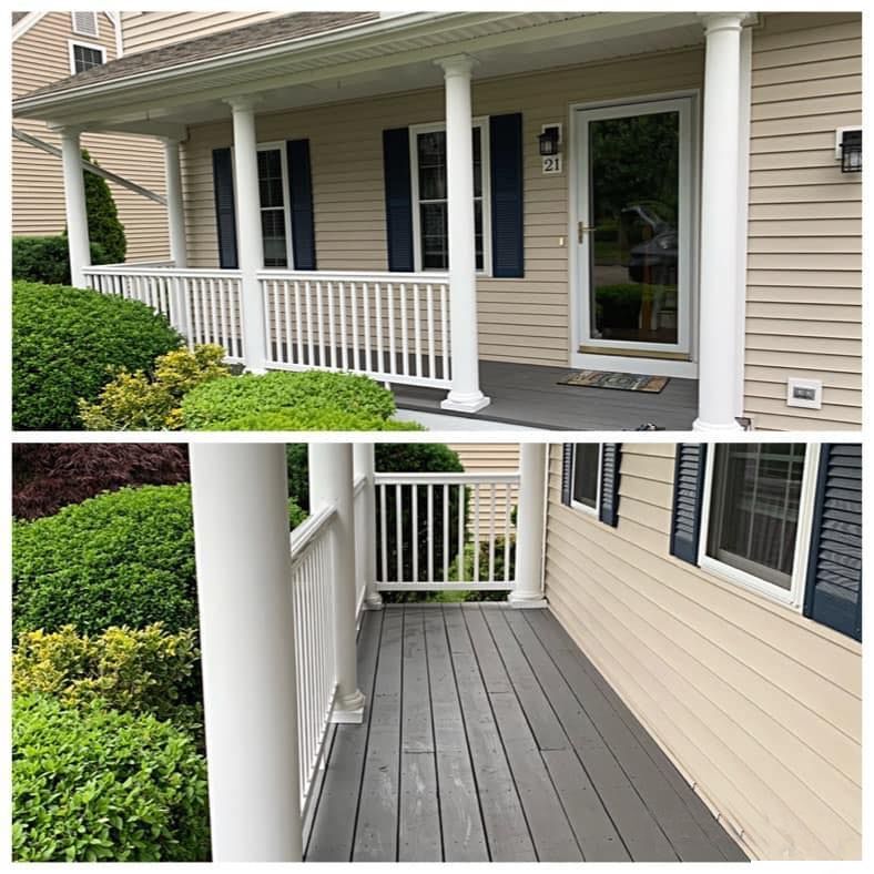 Two-panel view of a front porch. Beige siding, white railing and pillars, and dark blue shutters. Gray porch flooring.