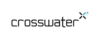 Logo for crosswater with the name in black font and a blue x symbol.