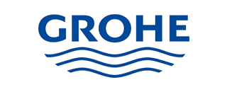 GROHE logo with blue text and wavy lines beneath.