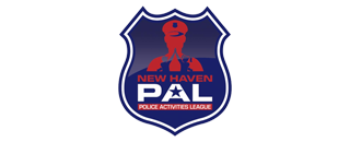 New Haven PAL Police Activities League logo: Blue badge with a red figure, text