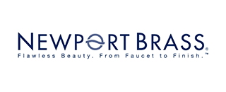 Logo for Newport Brass, a faucet and finish company, with navy blue text and a water-themed graphic.