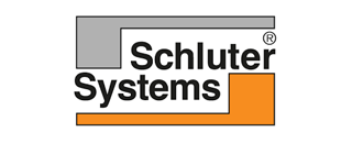 Schluter Systems logo: black text with gray and orange stylized border.
