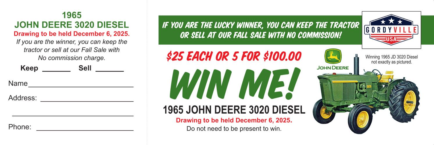 Raffle ticket for a 1965 John Deere 3020 Diesel tractor.