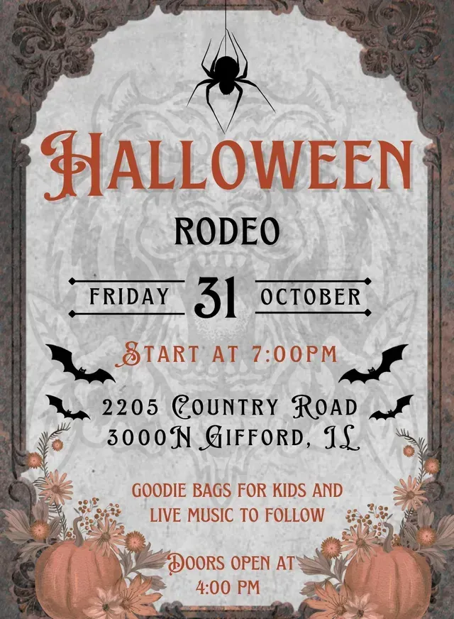 Halloween Rodeo event poster with spooky design, date, location, and attractions.