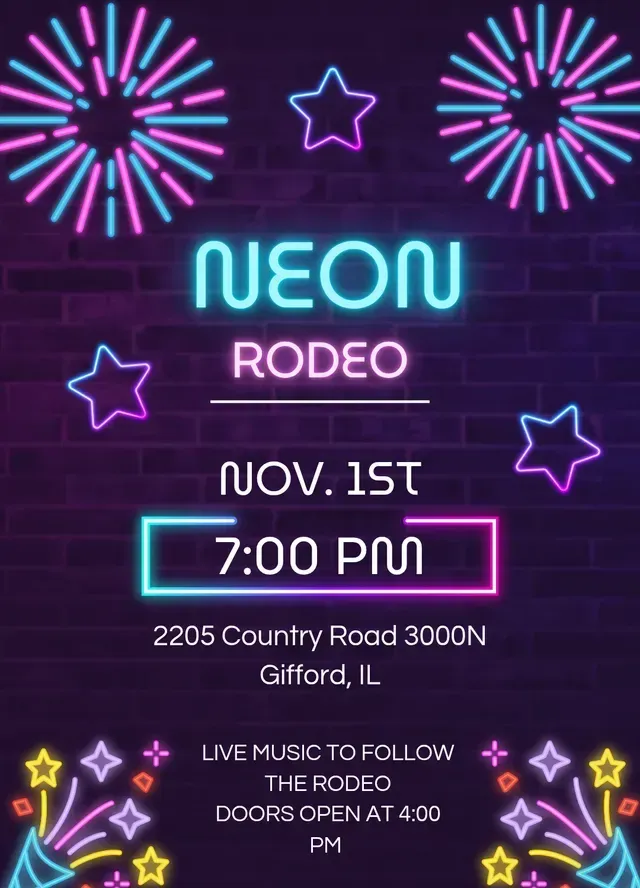 Neon Rodeo poster with neon-lit text and stars, advertising an event on Nov. 1st at 7:00 PM in Gifford, IL.