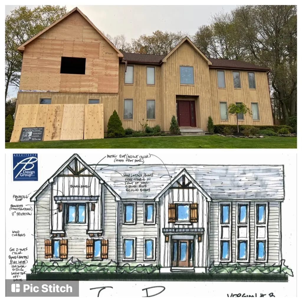 House exterior with a renovated facade photo above and an architectural sketch below
