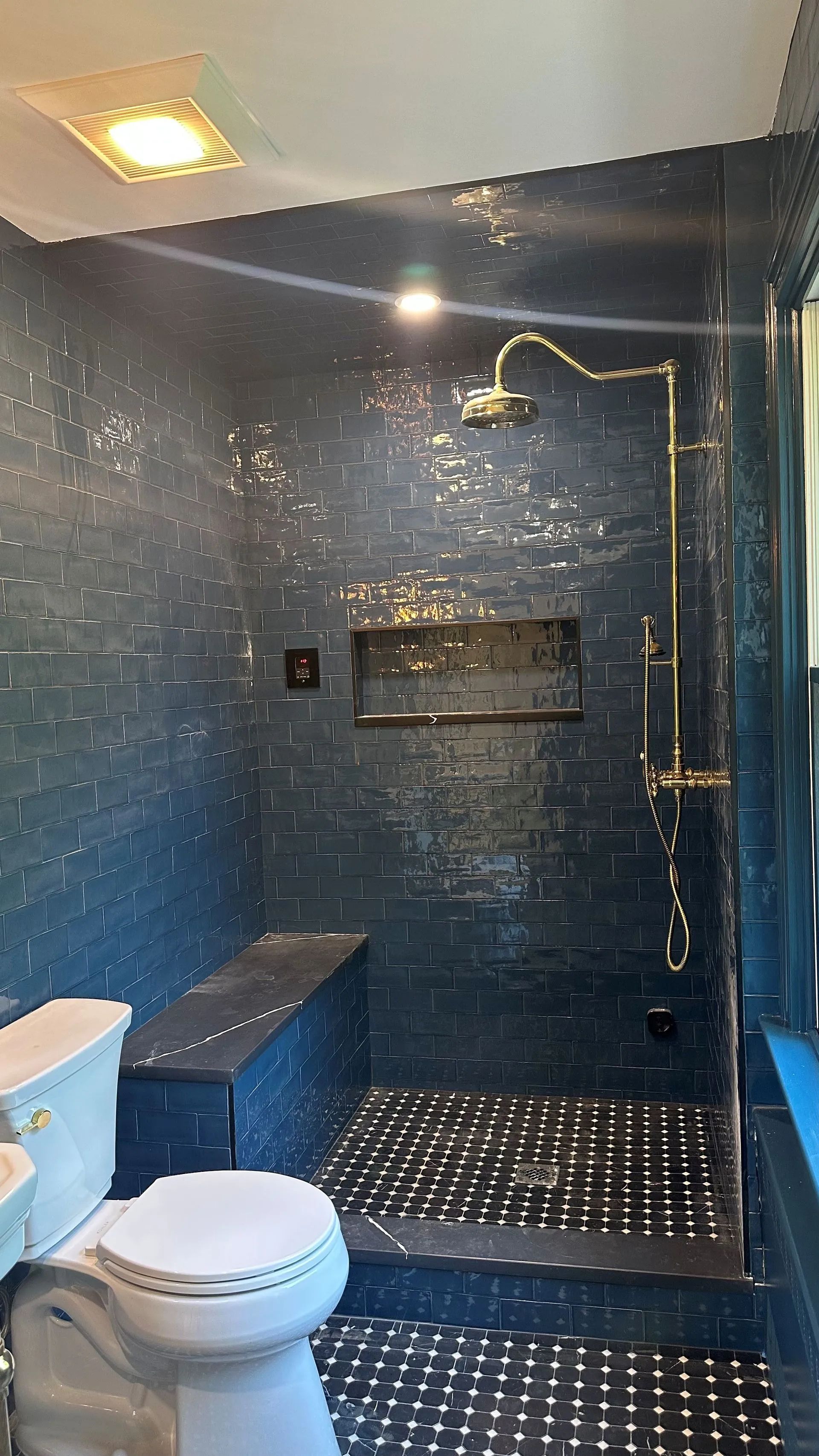 Blue-tiled bathroom with walk-in shower and toilet, lit by a ceiling light