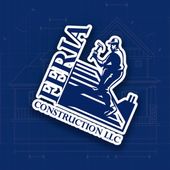 Vibrant blue EBRRA Construction LLC logo with a white worker illustration and house blueprint background