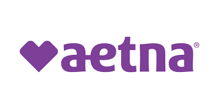 The aetna logo is purple with a heart in the middle.