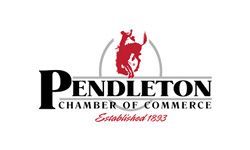 Pendleton Chamber of Commerce logo: red bucking bronco silhouette, black text